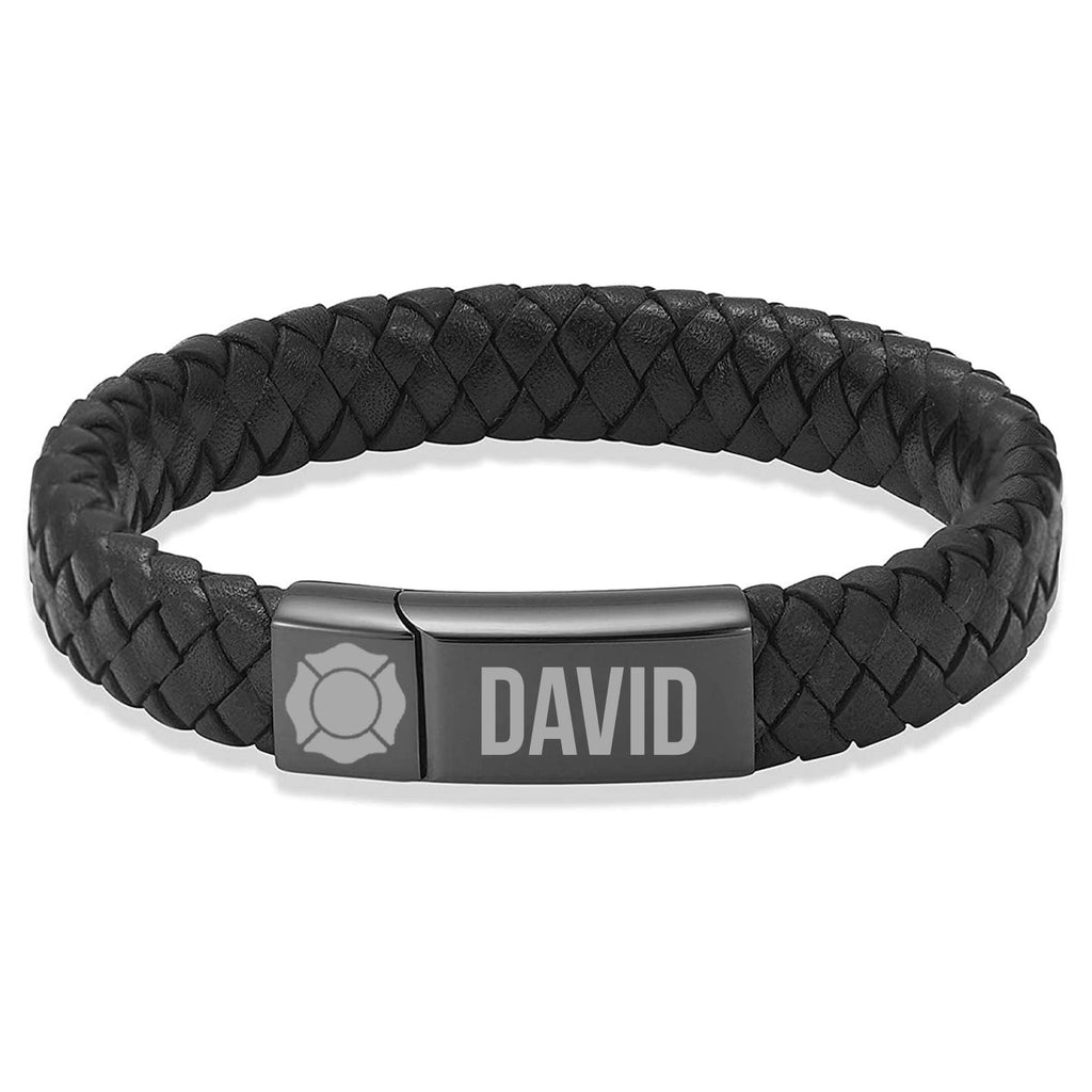 Custom Name Engraved Leather Fire Fighter Bracelet | Gift for Dad, Mom | Mother's Day Gift, Father's Day Gift | Personalized Unisex Bracelet 682226